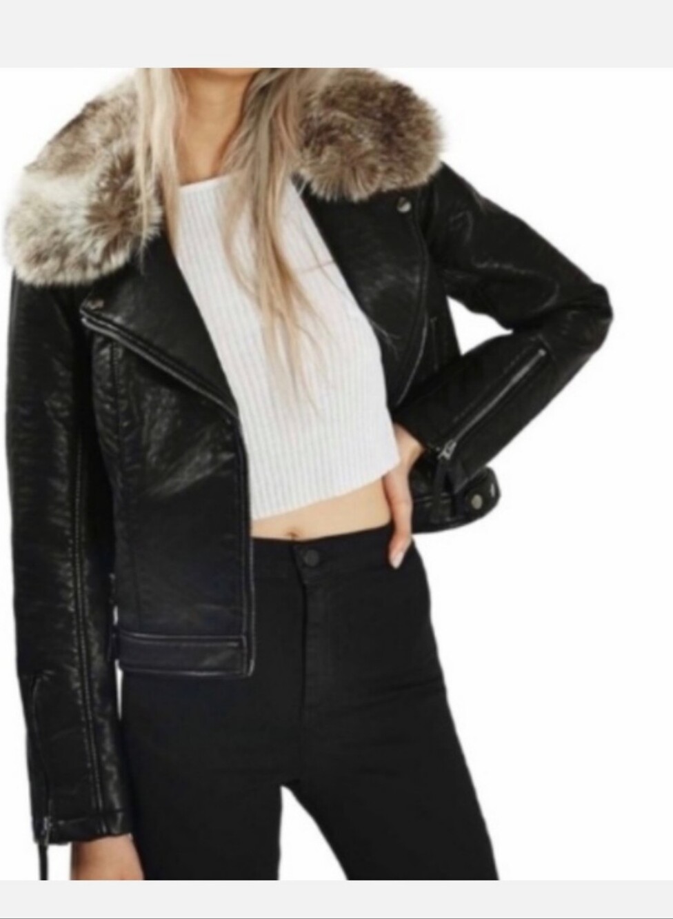 TopShop Faux Leather Faux Fur Collar Crop Jacket Moto 4 S